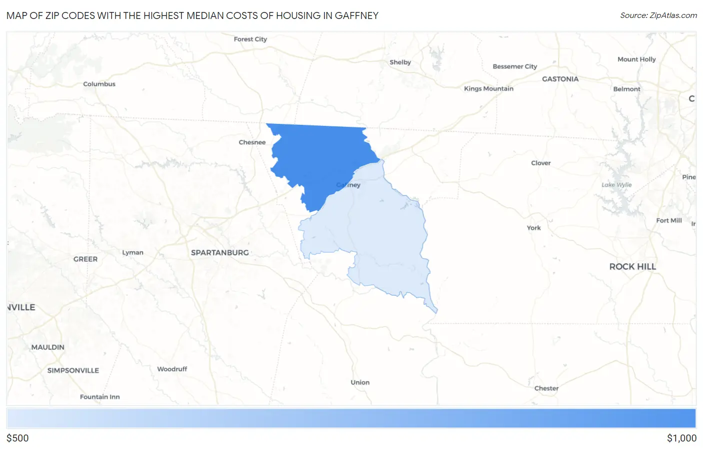 Zip Codes with the Highest Median Costs of Housing in Gaffney Map