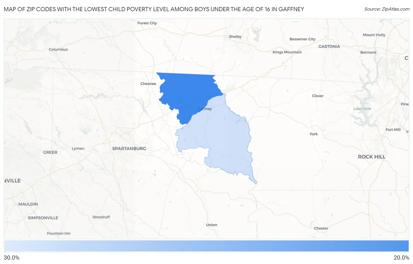 Zip Codes with the Lowest Child Poverty Level Among Boys Under the Age of 16 in Gaffney Map