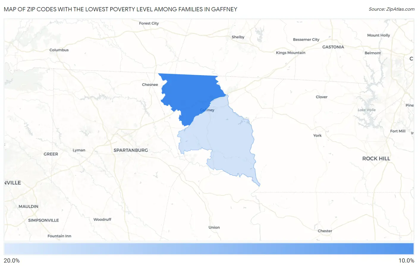 Zip Codes with the Lowest Poverty Level Among Families in Gaffney Map