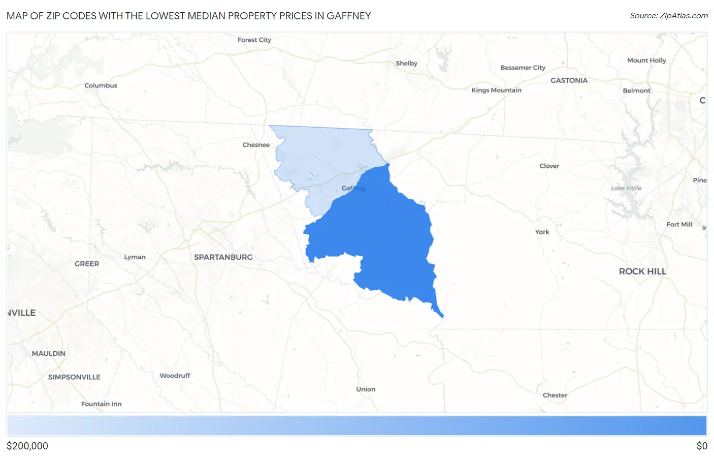 Zip Codes with the Lowest Median Property Prices in Gaffney Map