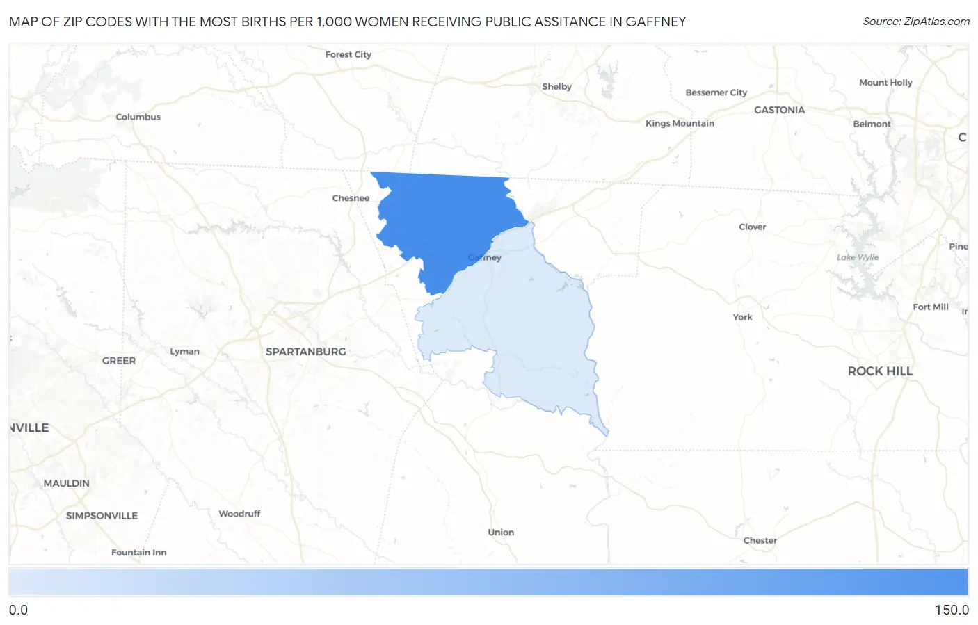 Zip Codes with the Most Births per 1,000 Women Receiving Public Assitance in Gaffney Map