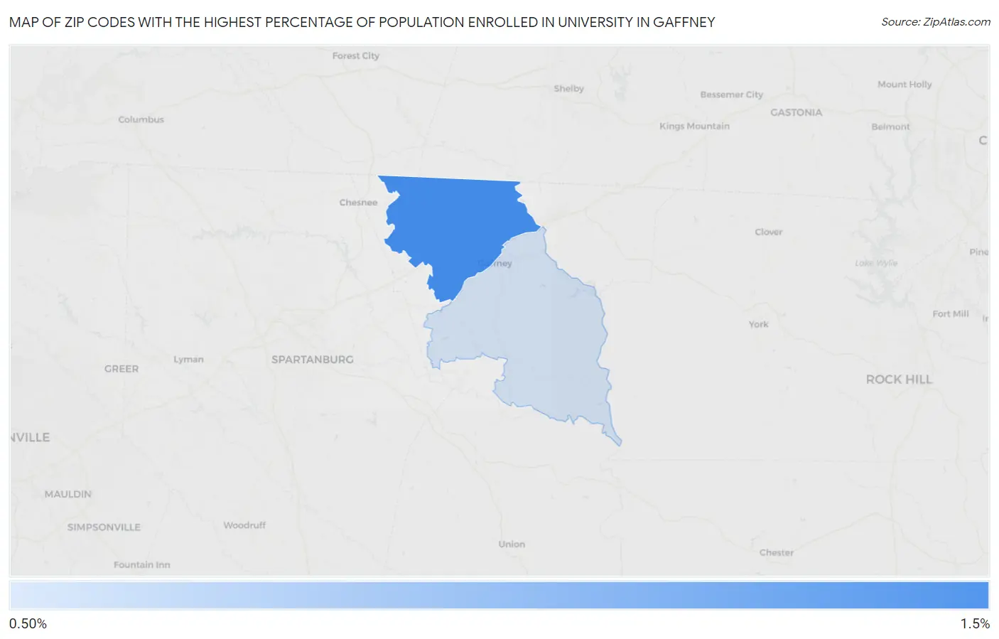 Zip Codes with the Highest Percentage of Population Enrolled in University in Gaffney Map
