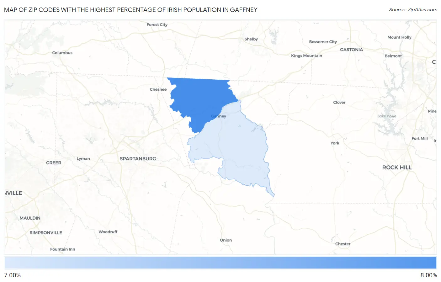 Zip Codes with the Highest Percentage of Irish Population in Gaffney Map