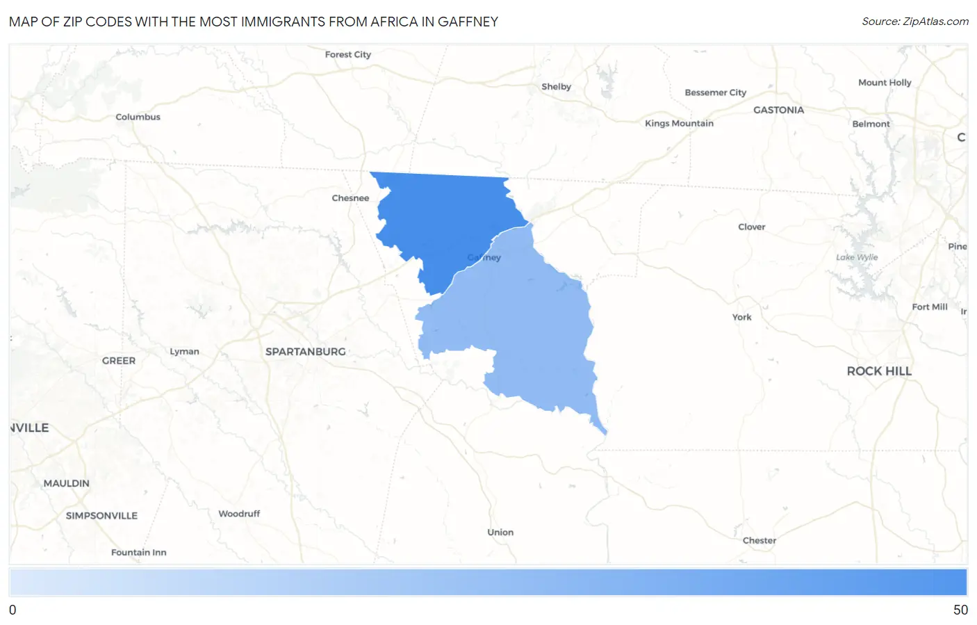 Zip Codes with the Most Immigrants from Africa in Gaffney Map