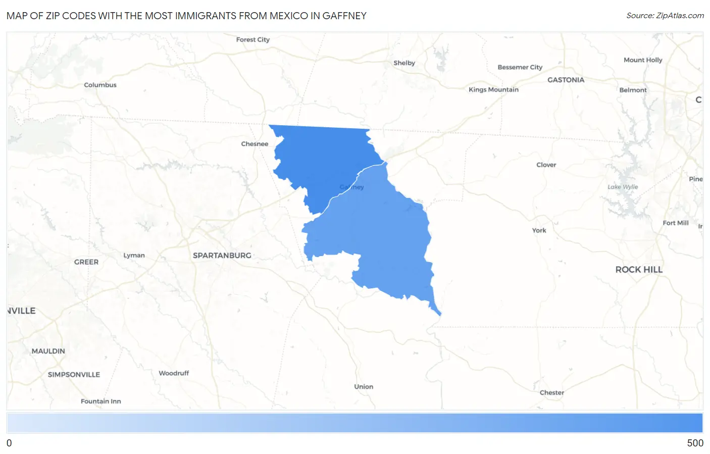 Zip Codes with the Most Immigrants from Mexico in Gaffney Map