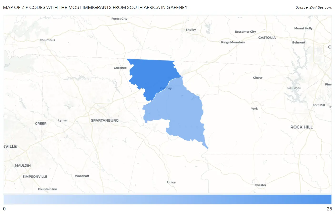 Zip Codes with the Most Immigrants from South Africa in Gaffney Map