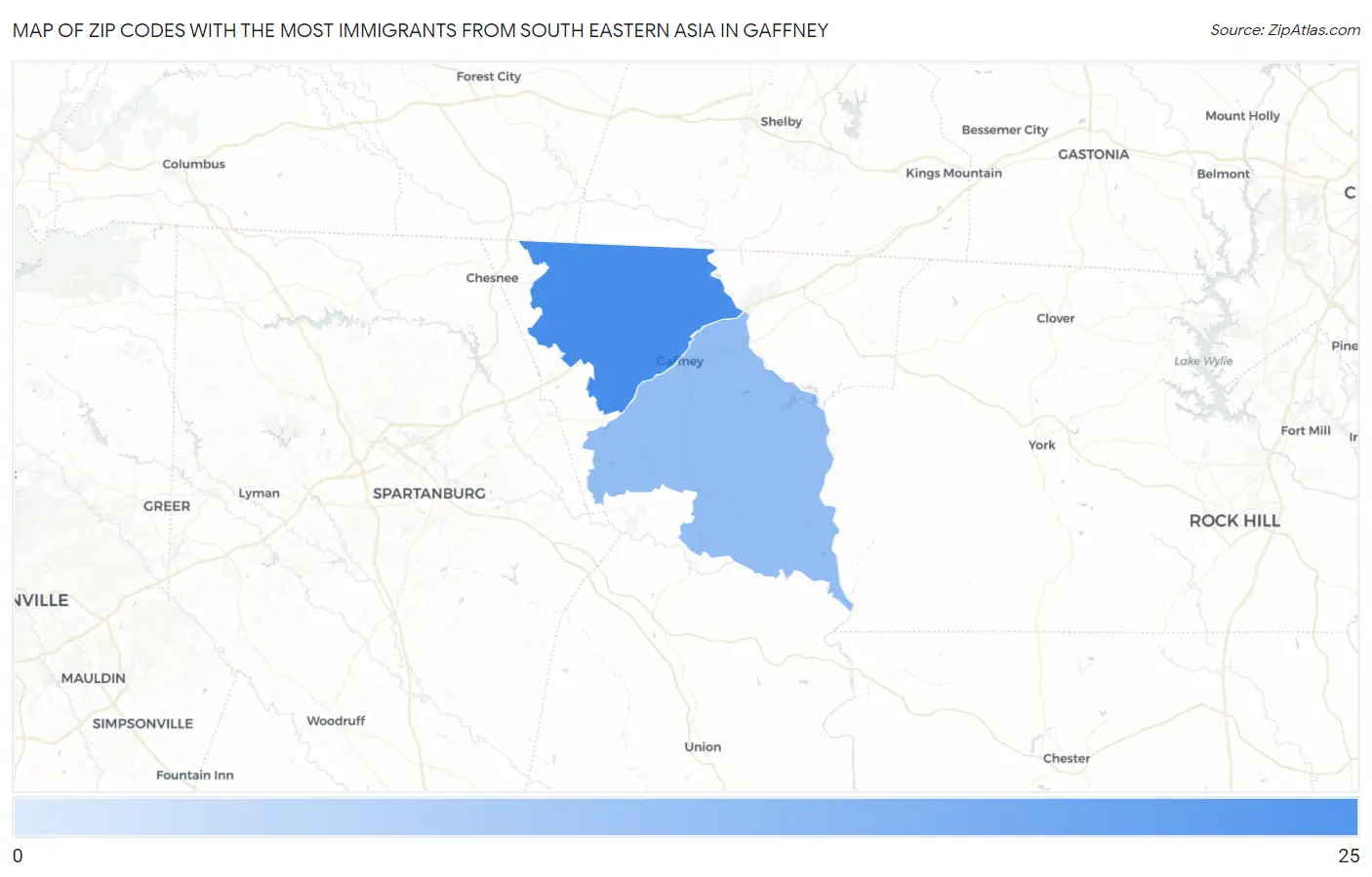 Zip Codes with the Most Immigrants from South Eastern Asia in Gaffney Map