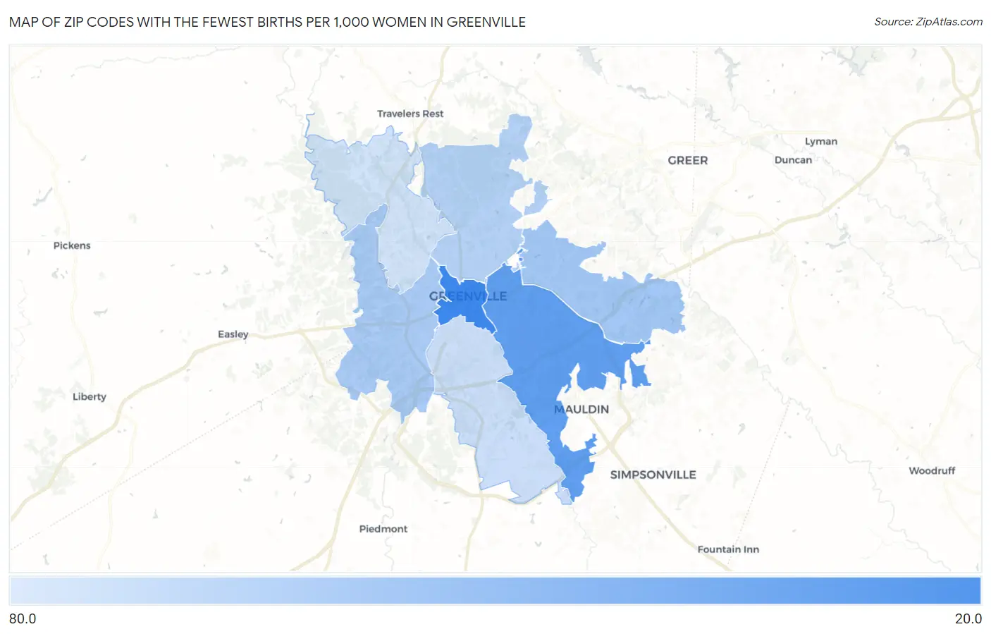 Zip Codes with the Fewest Births per 1,000 Women in Greenville Map