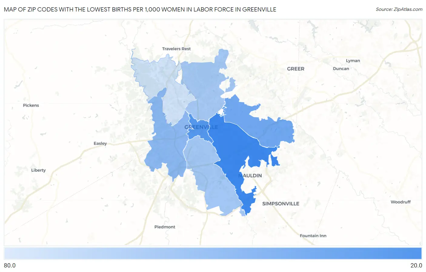 Zip Codes with the Lowest Births per 1,000 Women in Labor Force in Greenville Map
