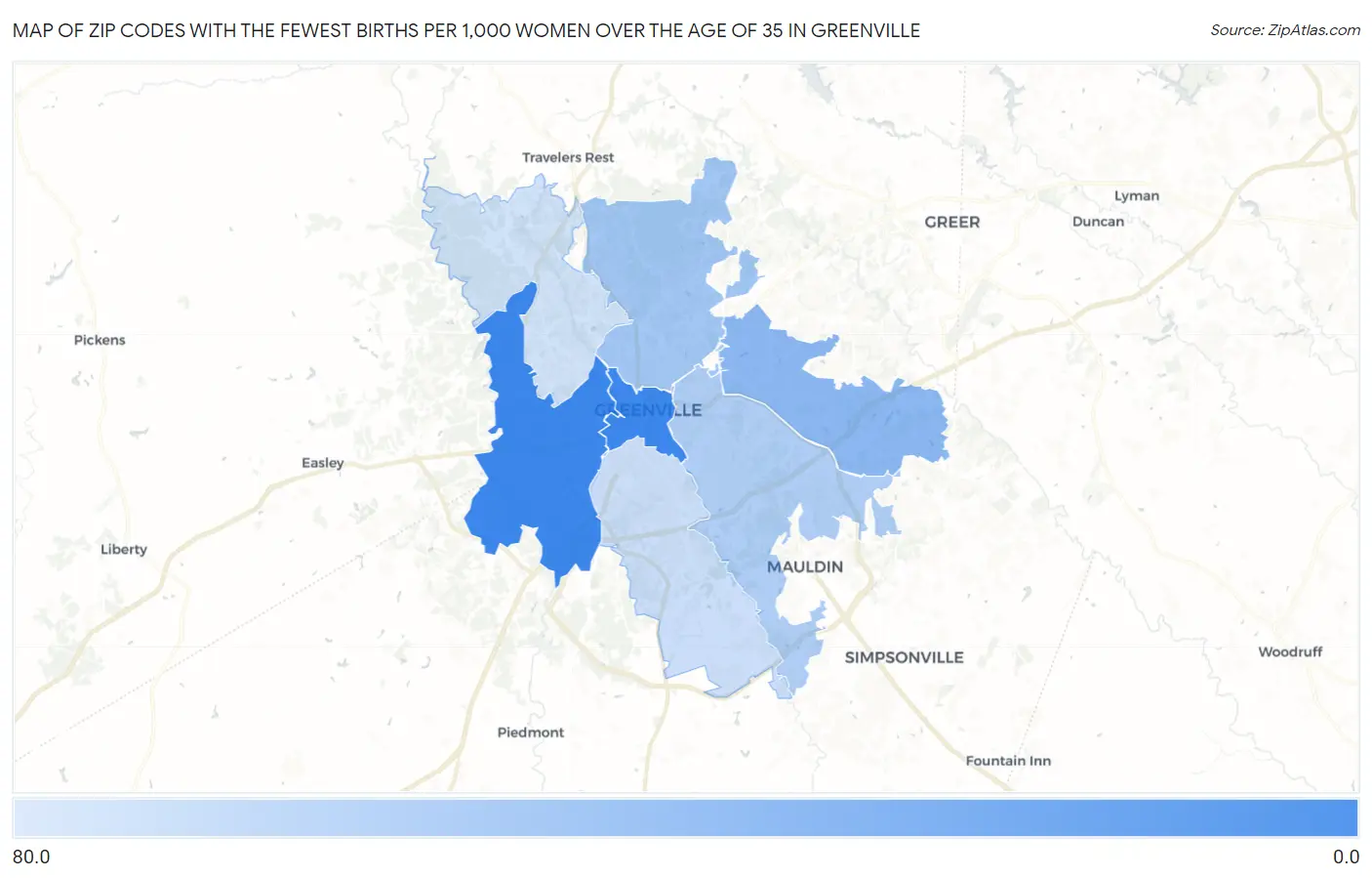Zip Codes with the Fewest Births per 1,000 Women Over the Age of 35 in Greenville Map