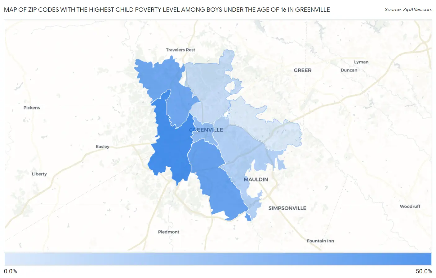 Zip Codes with the Highest Child Poverty Level Among Boys Under the Age of 16 in Greenville Map