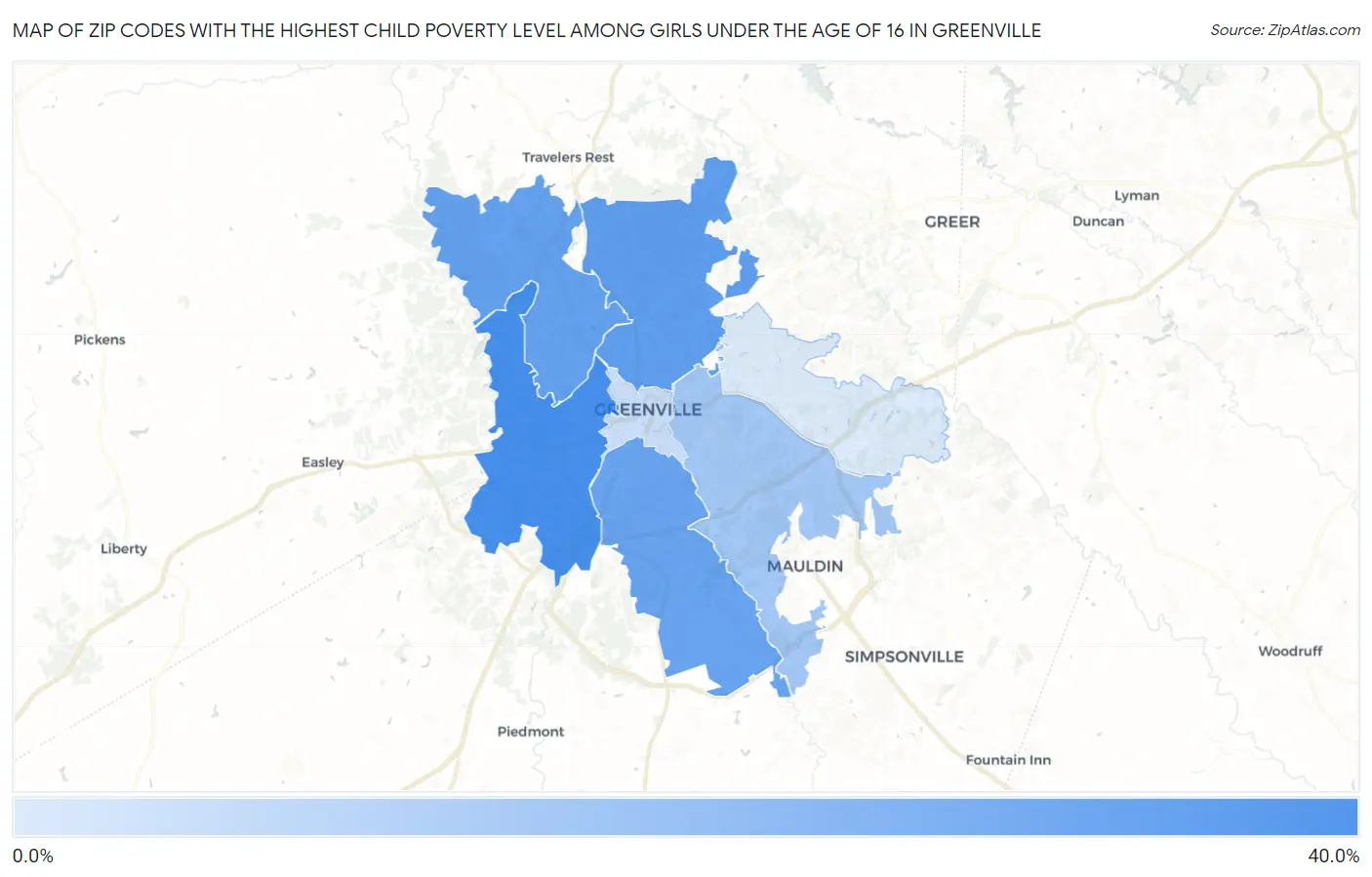 Zip Codes with the Highest Child Poverty Level Among Girls Under the Age of 16 in Greenville Map