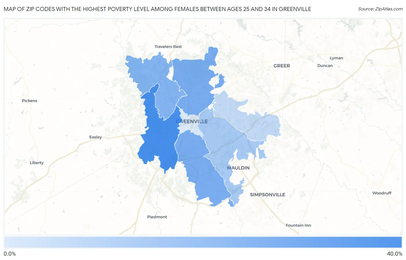 Zip Codes with the Highest Poverty Level Among Females Between Ages 25 and 34 in Greenville Map
