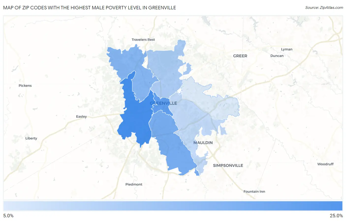 Zip Codes with the Highest Male Poverty Level in Greenville Map