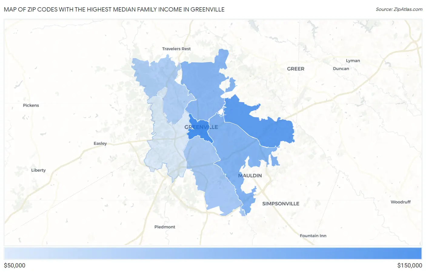 Zip Codes with the Highest Median Family Income in Greenville Map