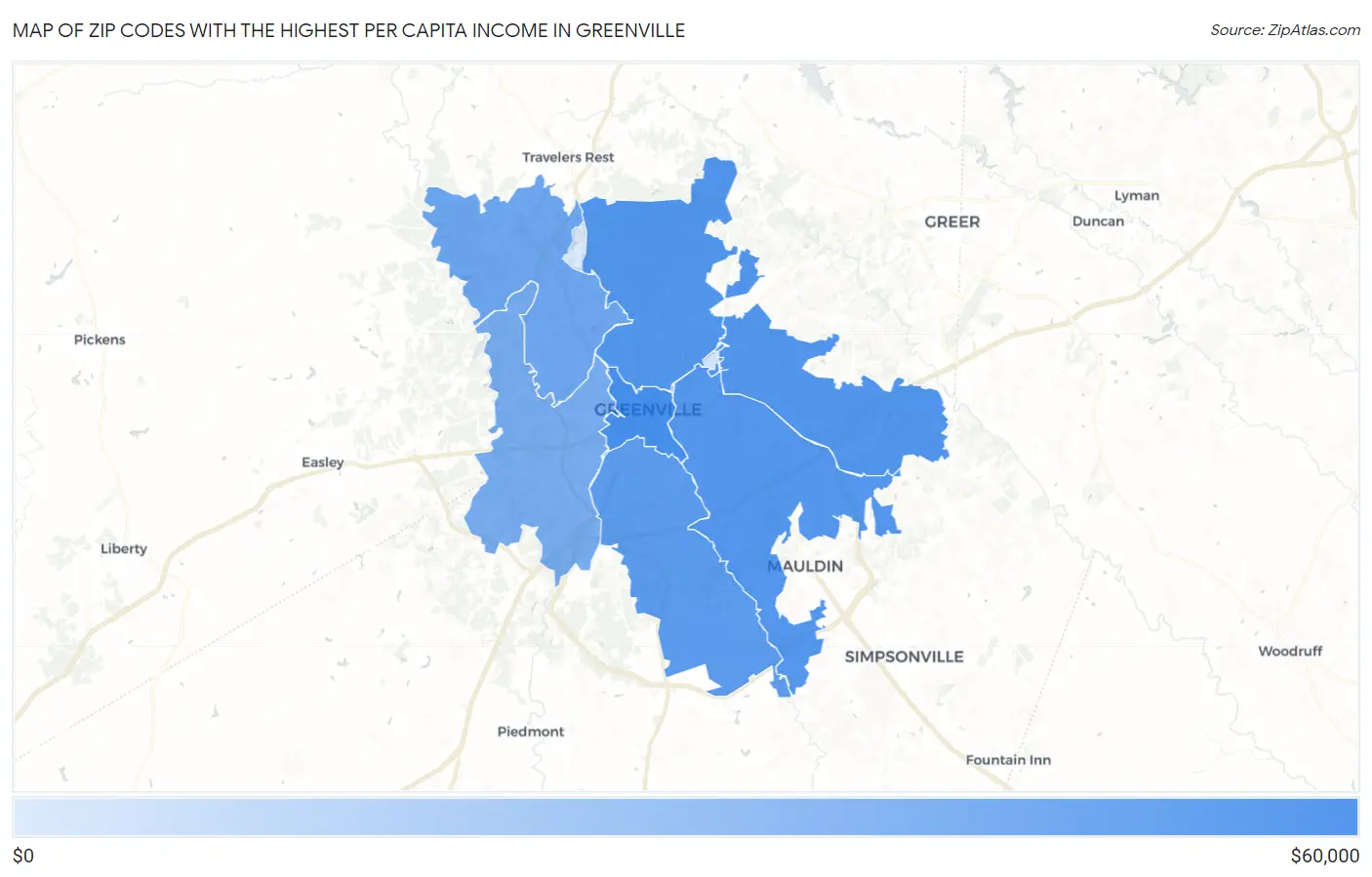 Zip Codes with the Highest Per Capita Income in Greenville Map