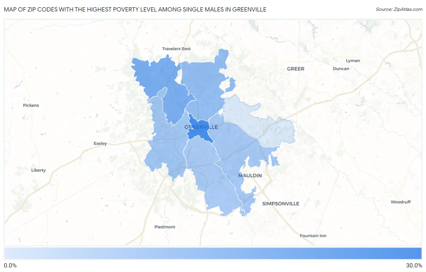 Zip Codes with the Highest Poverty Level Among Single Males in Greenville Map