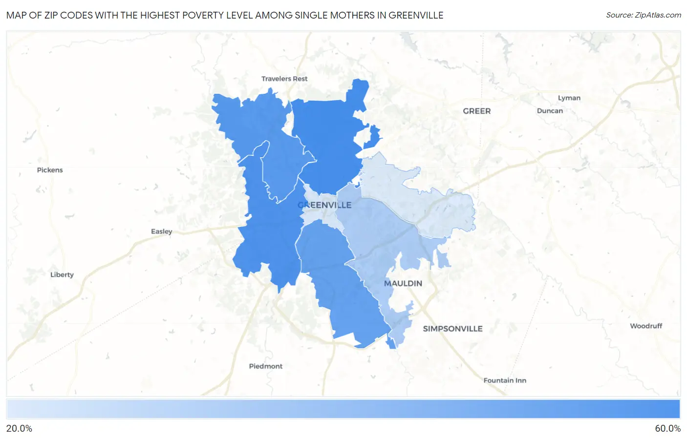 Zip Codes with the Highest Poverty Level Among Single Mothers in Greenville Map