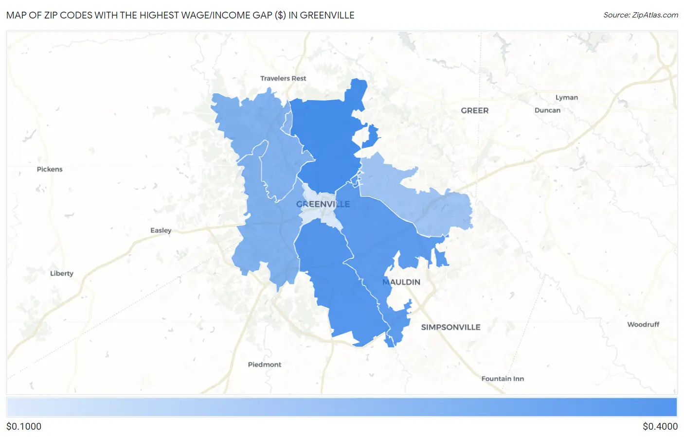 Zip Codes with the Highest Wage/Income Gap ($) in Greenville Map