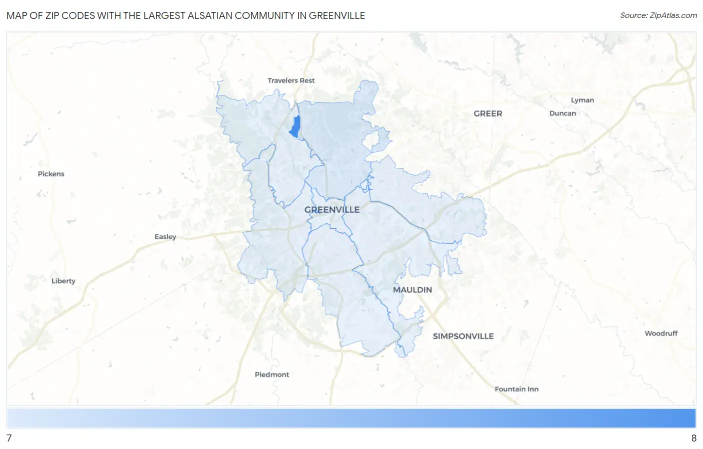 Zip Codes with the Largest Alsatian Community in Greenville Map