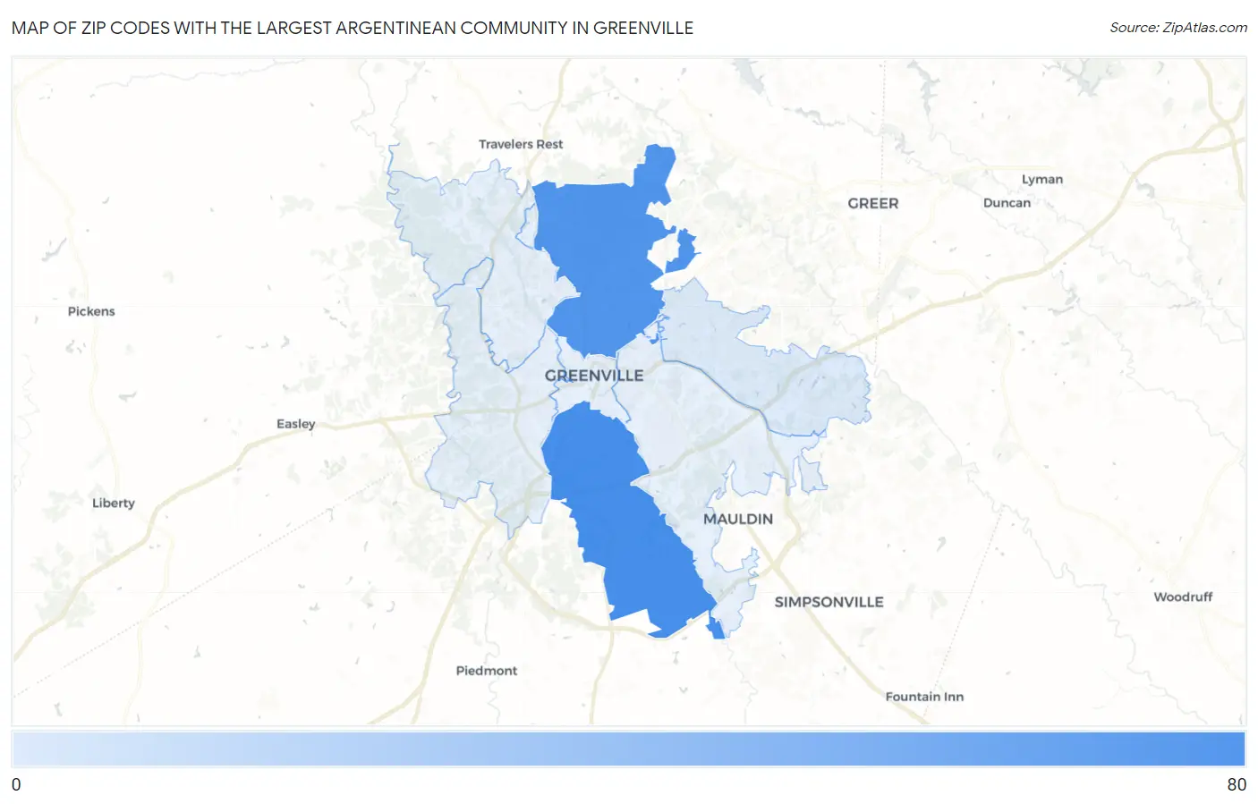 Zip Codes with the Largest Argentinean Community in Greenville Map