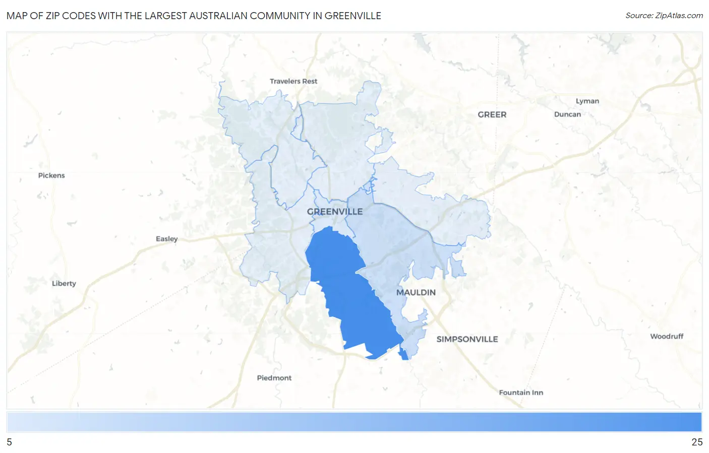 Zip Codes with the Largest Australian Community in Greenville Map