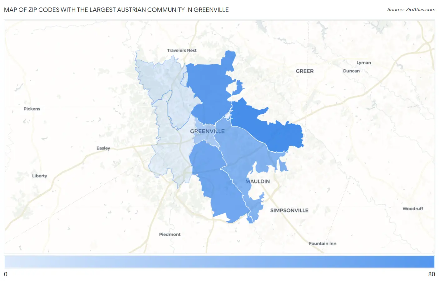 Zip Codes with the Largest Austrian Community in Greenville Map