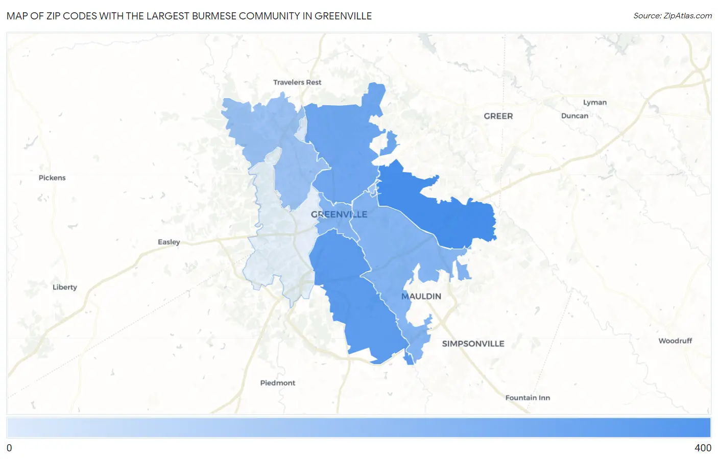 Zip Codes with the Largest Burmese Community in Greenville Map
