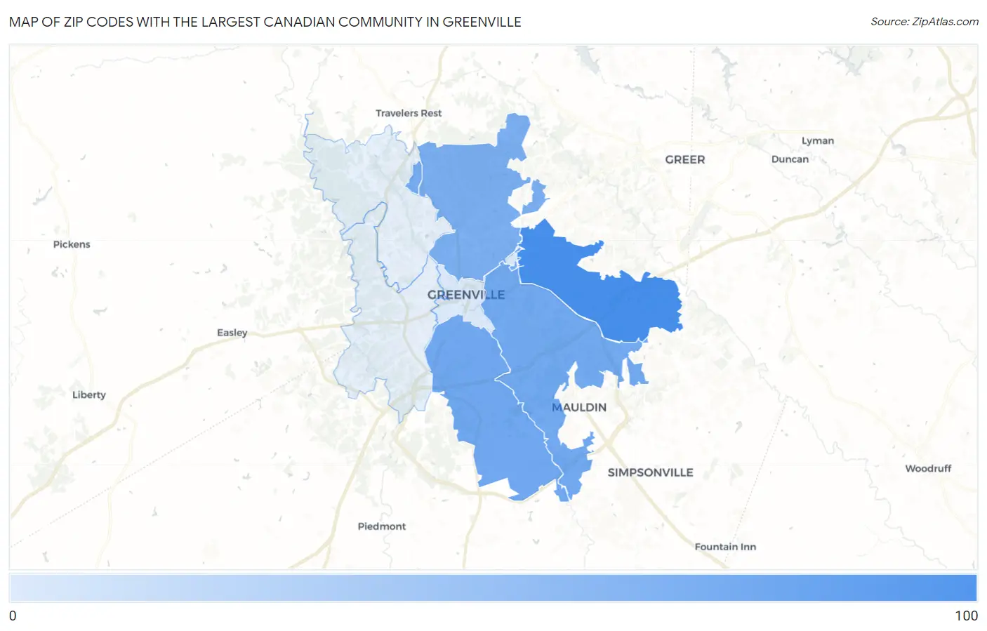 Zip Codes with the Largest Canadian Community in Greenville Map