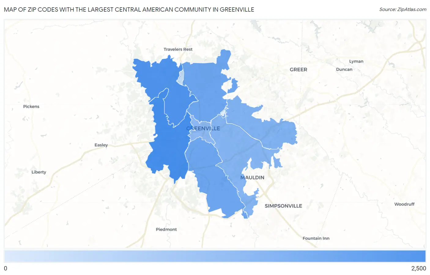 Zip Codes with the Largest Central American Community in Greenville Map
