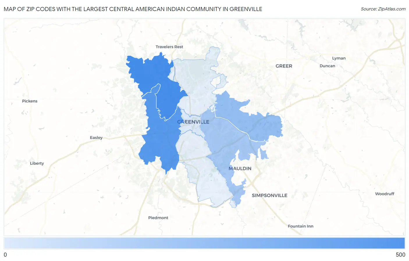 Zip Codes with the Largest Central American Indian Community in Greenville Map