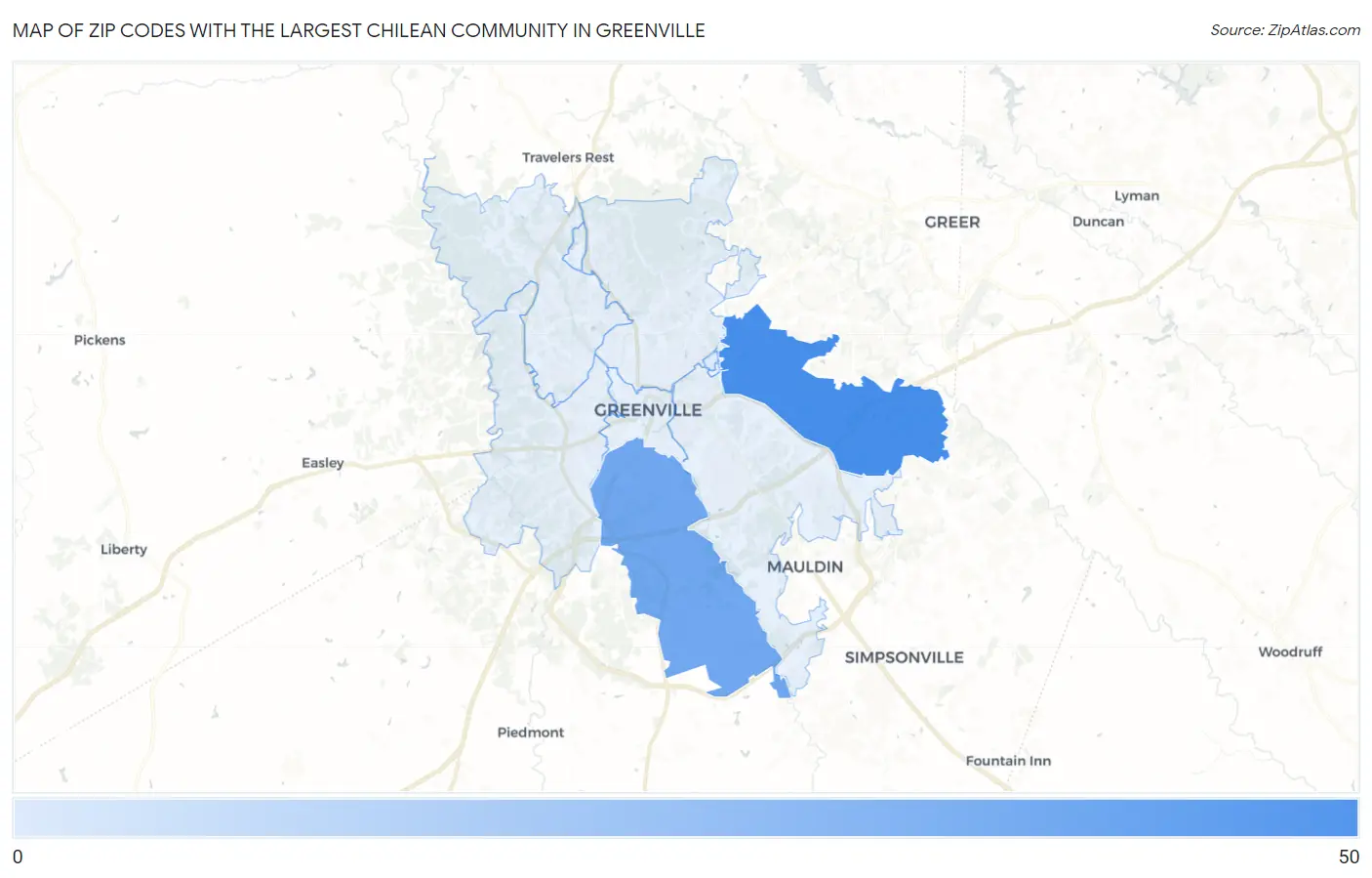 Zip Codes with the Largest Chilean Community in Greenville Map