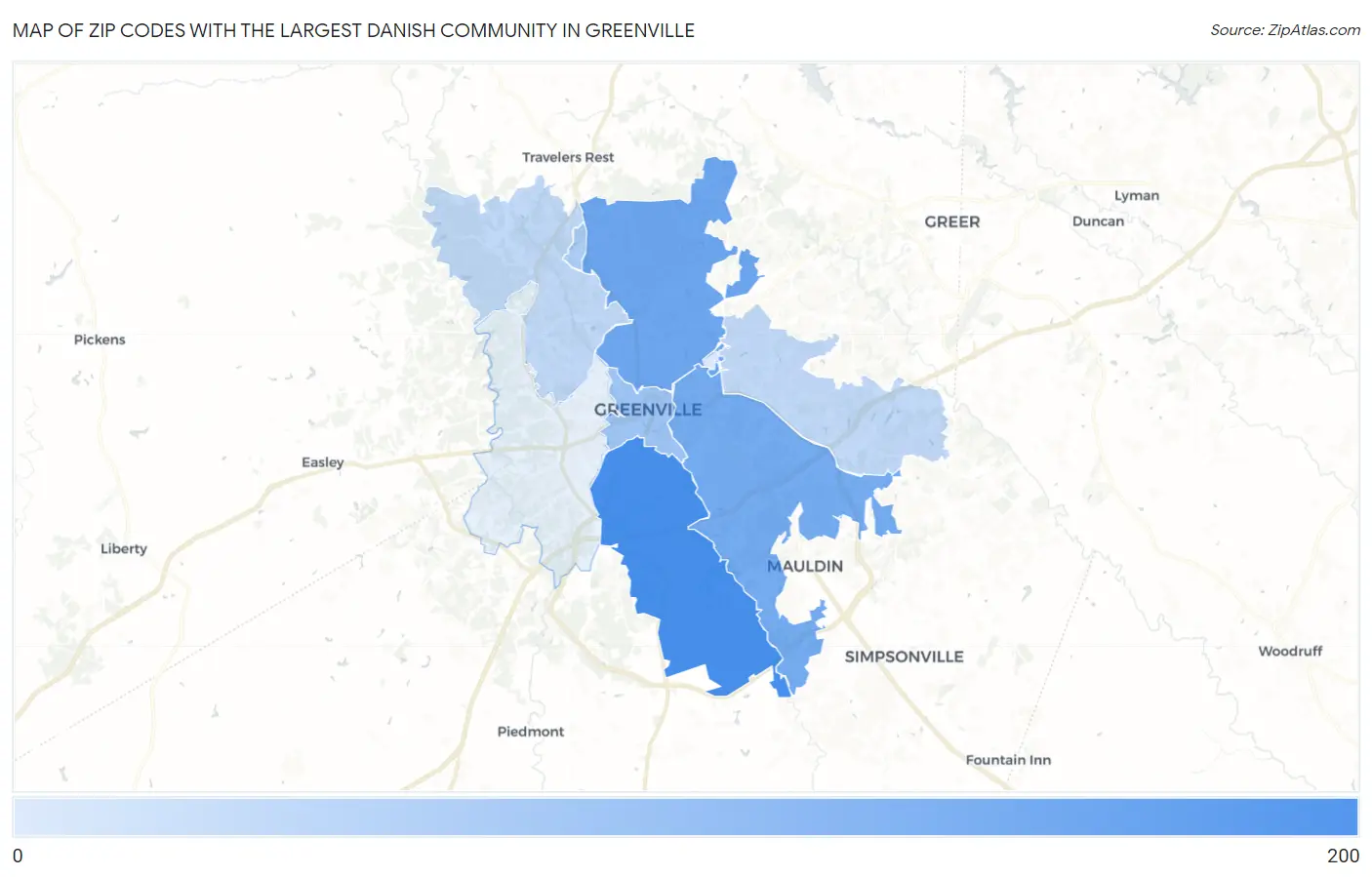 Zip Codes with the Largest Danish Community in Greenville Map