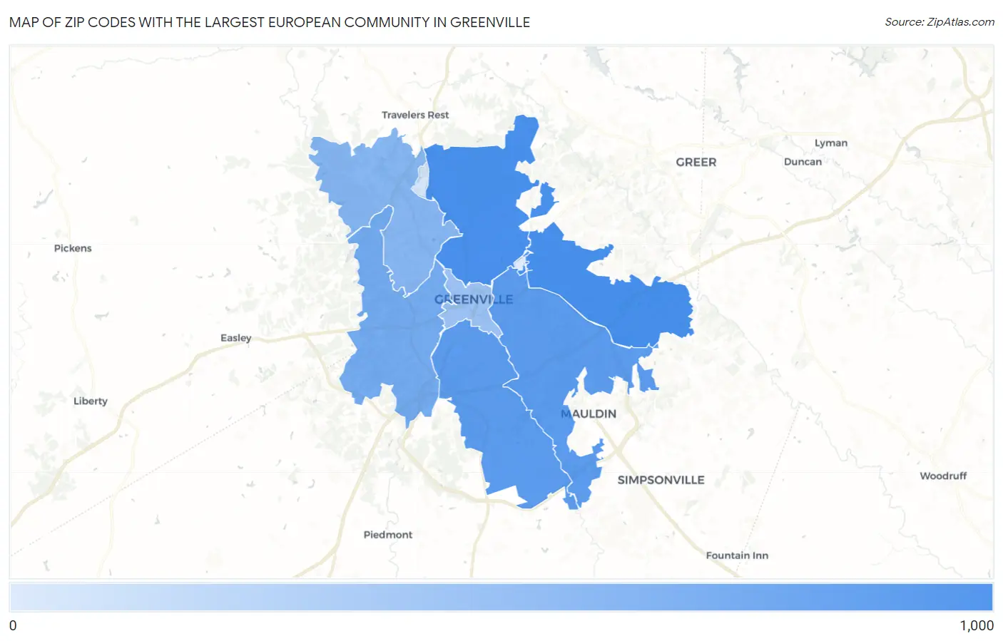 Zip Codes with the Largest European Community in Greenville Map