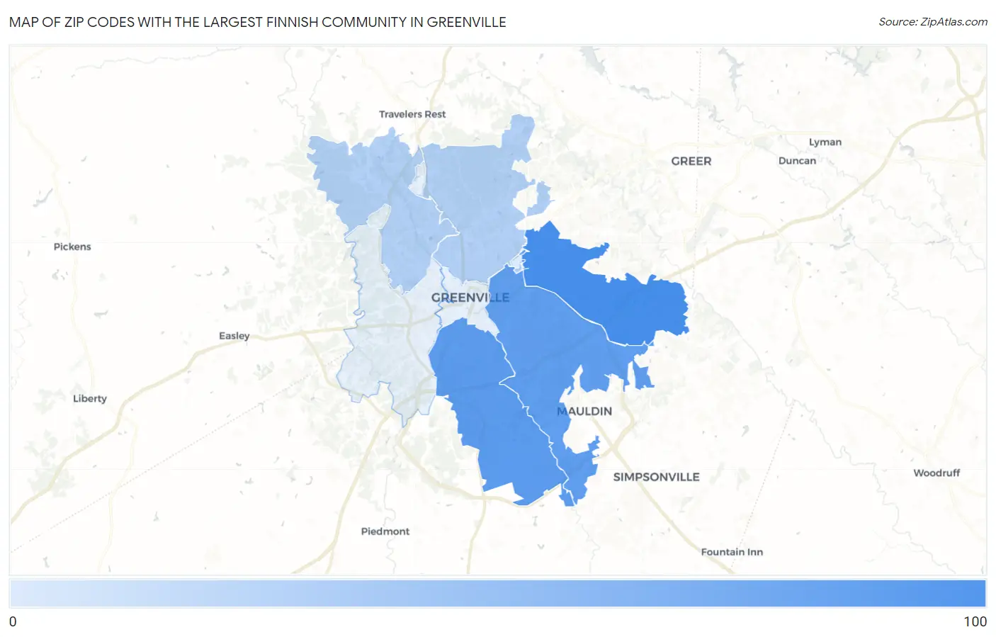 Zip Codes with the Largest Finnish Community in Greenville Map