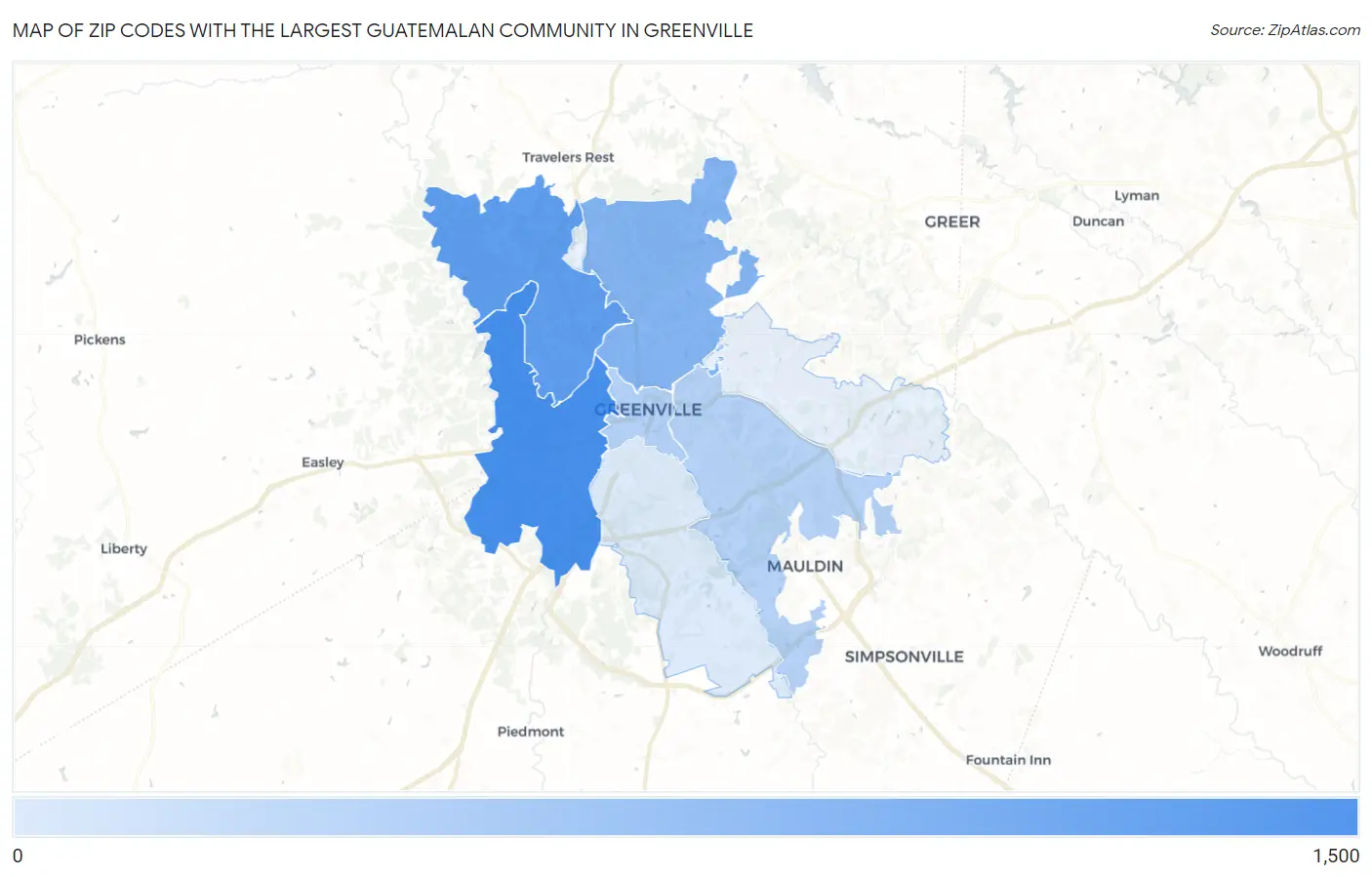 Zip Codes with the Largest Guatemalan Community in Greenville Map