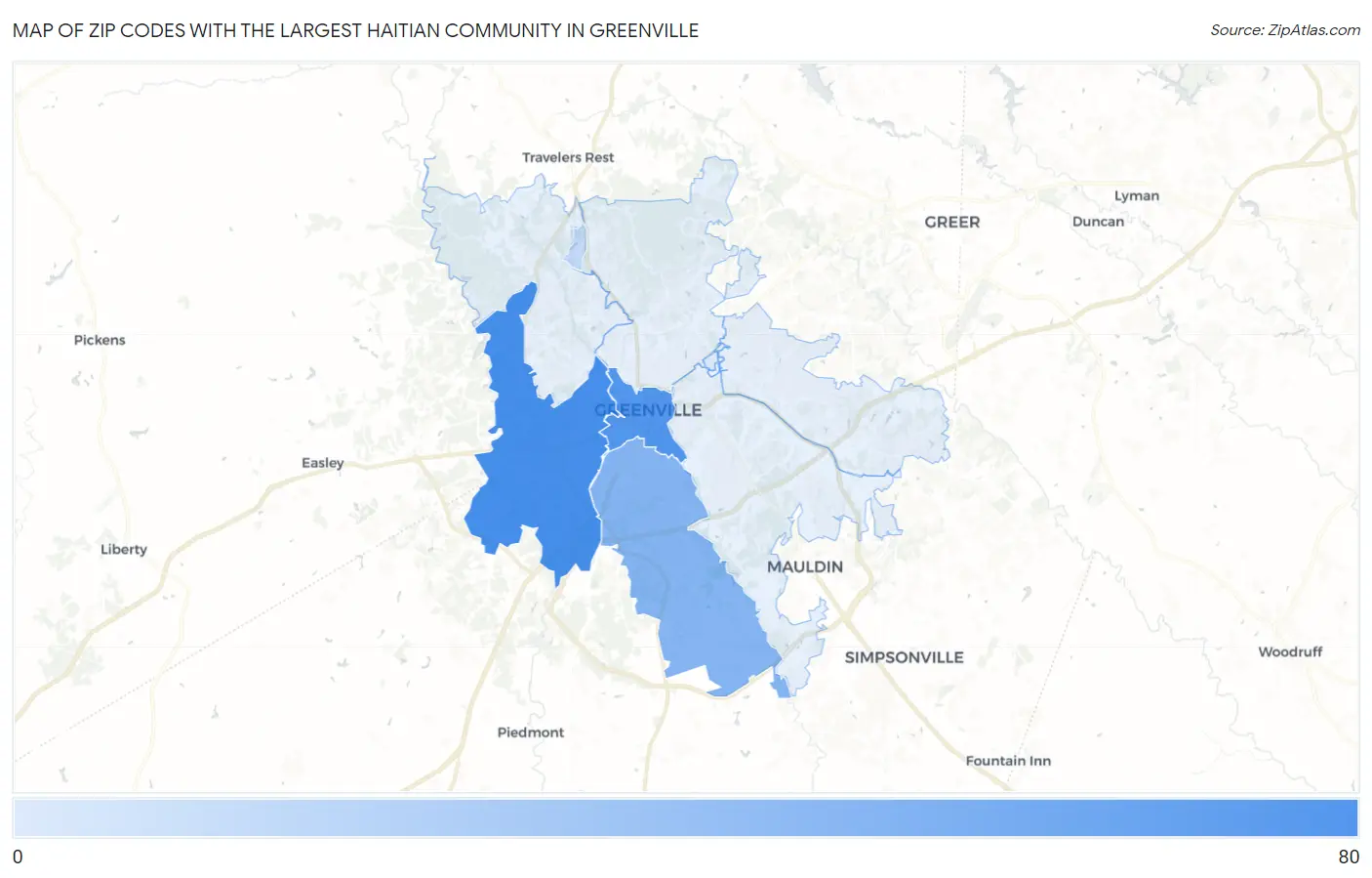 Zip Codes with the Largest Haitian Community in Greenville Map