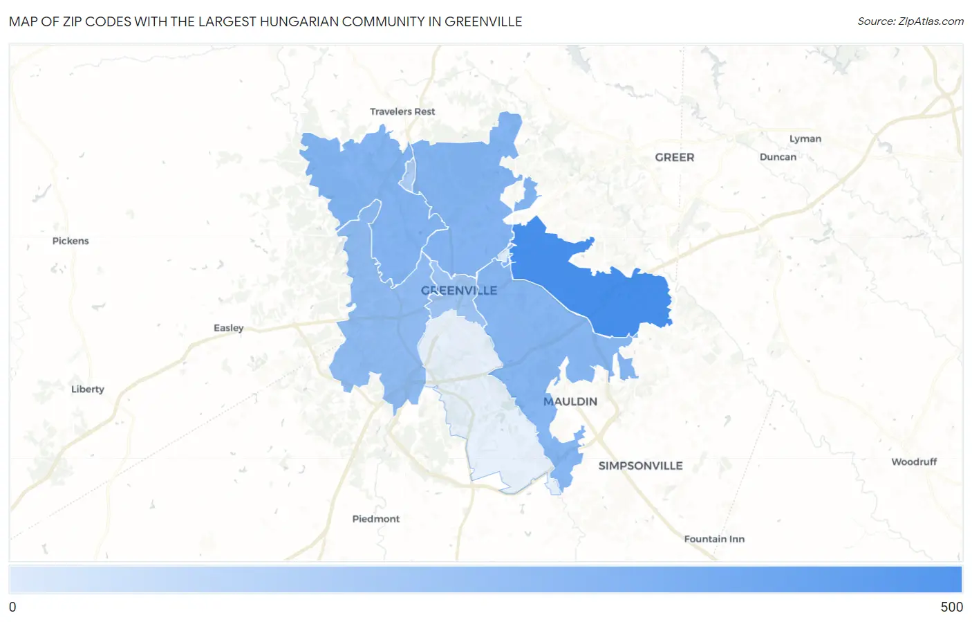 Zip Codes with the Largest Hungarian Community in Greenville Map