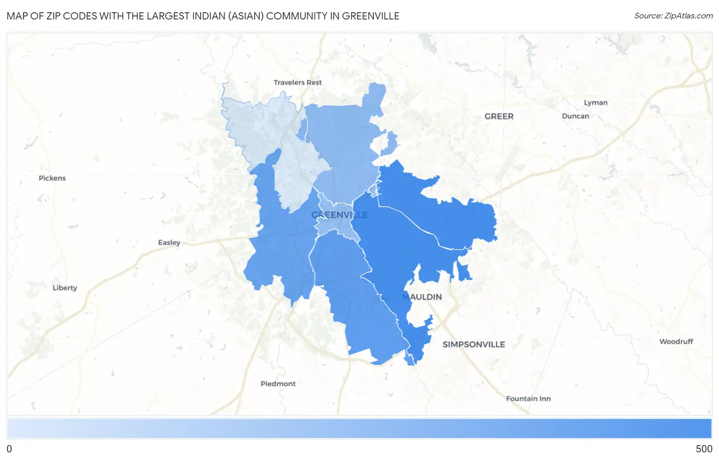 Zip Codes with the Largest Indian (Asian) Community in Greenville Map