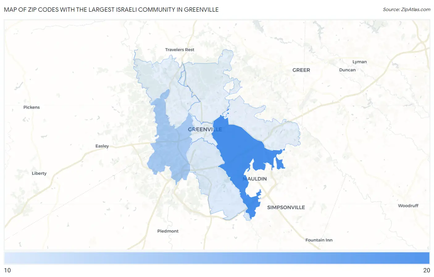 Zip Codes with the Largest Israeli Community in Greenville Map