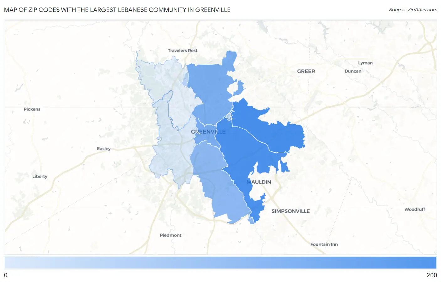 Zip Codes with the Largest Lebanese Community in Greenville Map