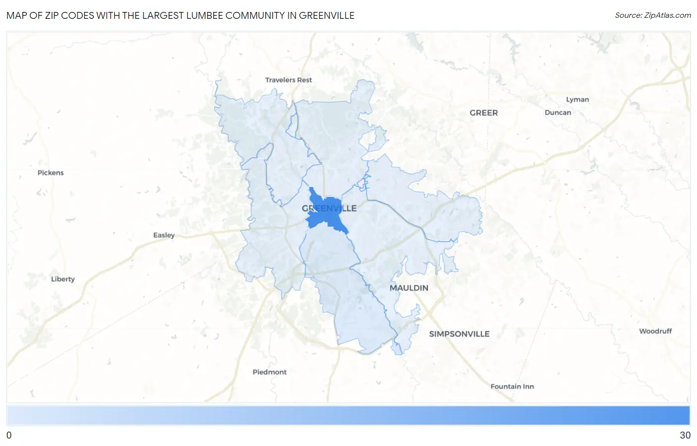 Zip Codes with the Largest Lumbee Community in Greenville Map