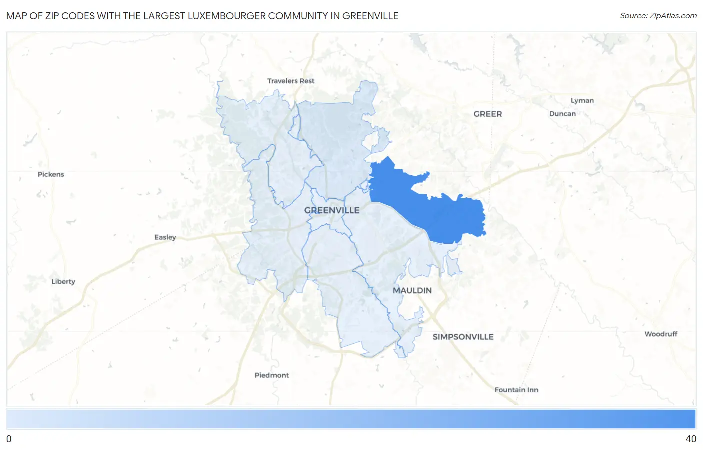 Zip Codes with the Largest Luxembourger Community in Greenville Map