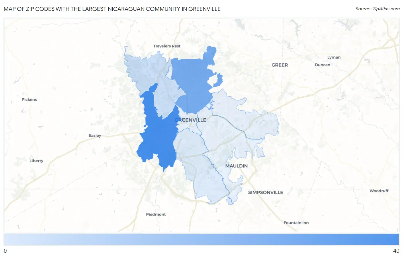 Zip Codes with the Largest Nicaraguan Community in Greenville Map
