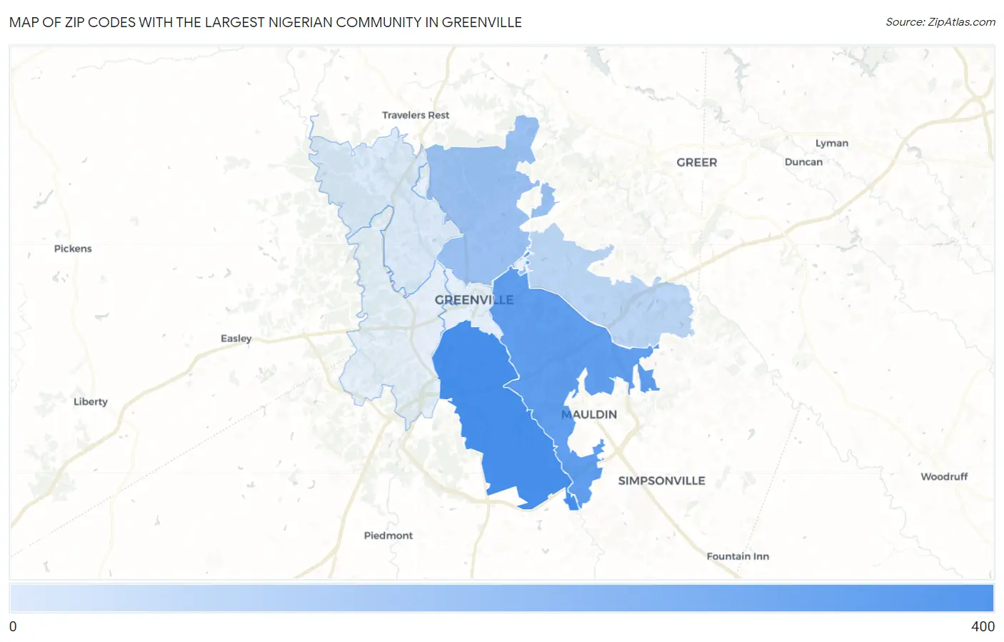 Zip Codes with the Largest Nigerian Community in Greenville Map