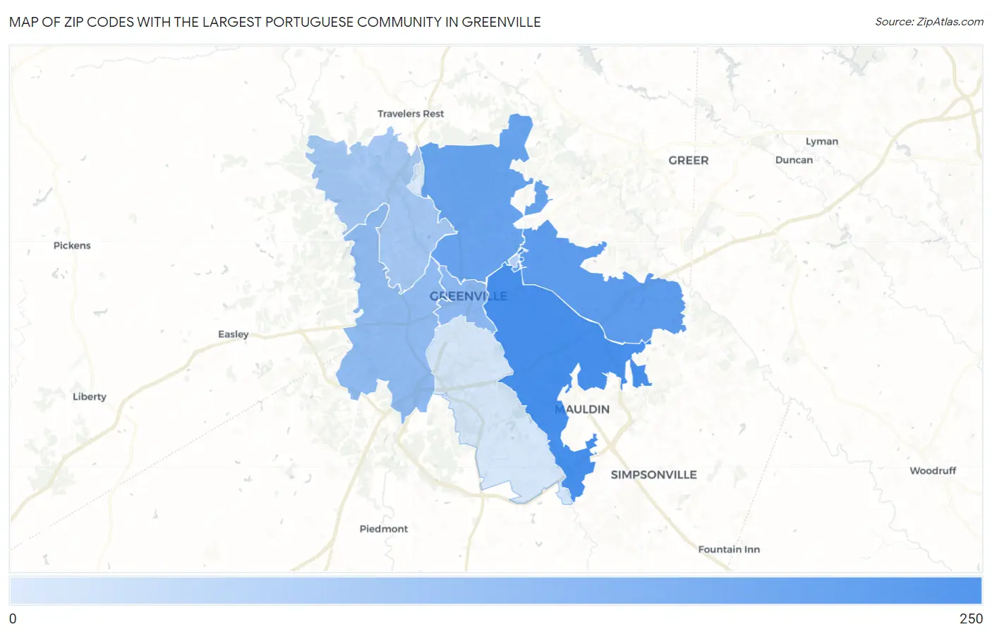 Zip Codes with the Largest Portuguese Community in Greenville Map