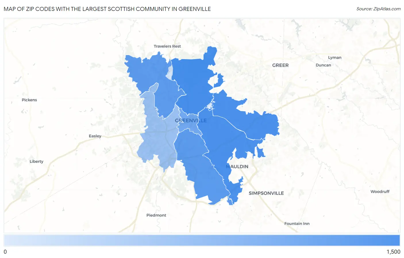 Zip Codes with the Largest Scottish Community in Greenville Map