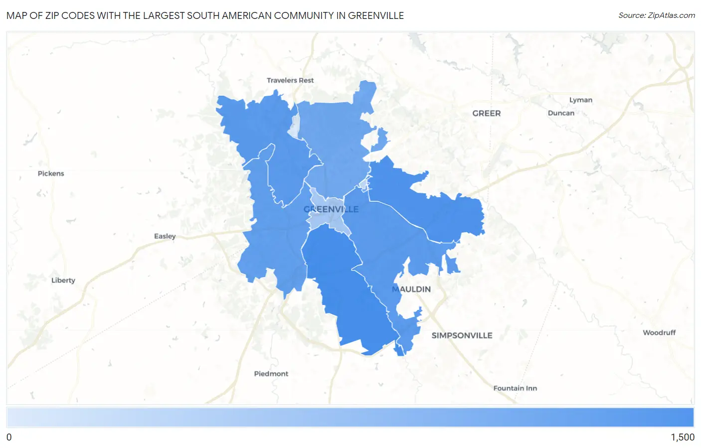 Zip Codes with the Largest South American Community in Greenville Map