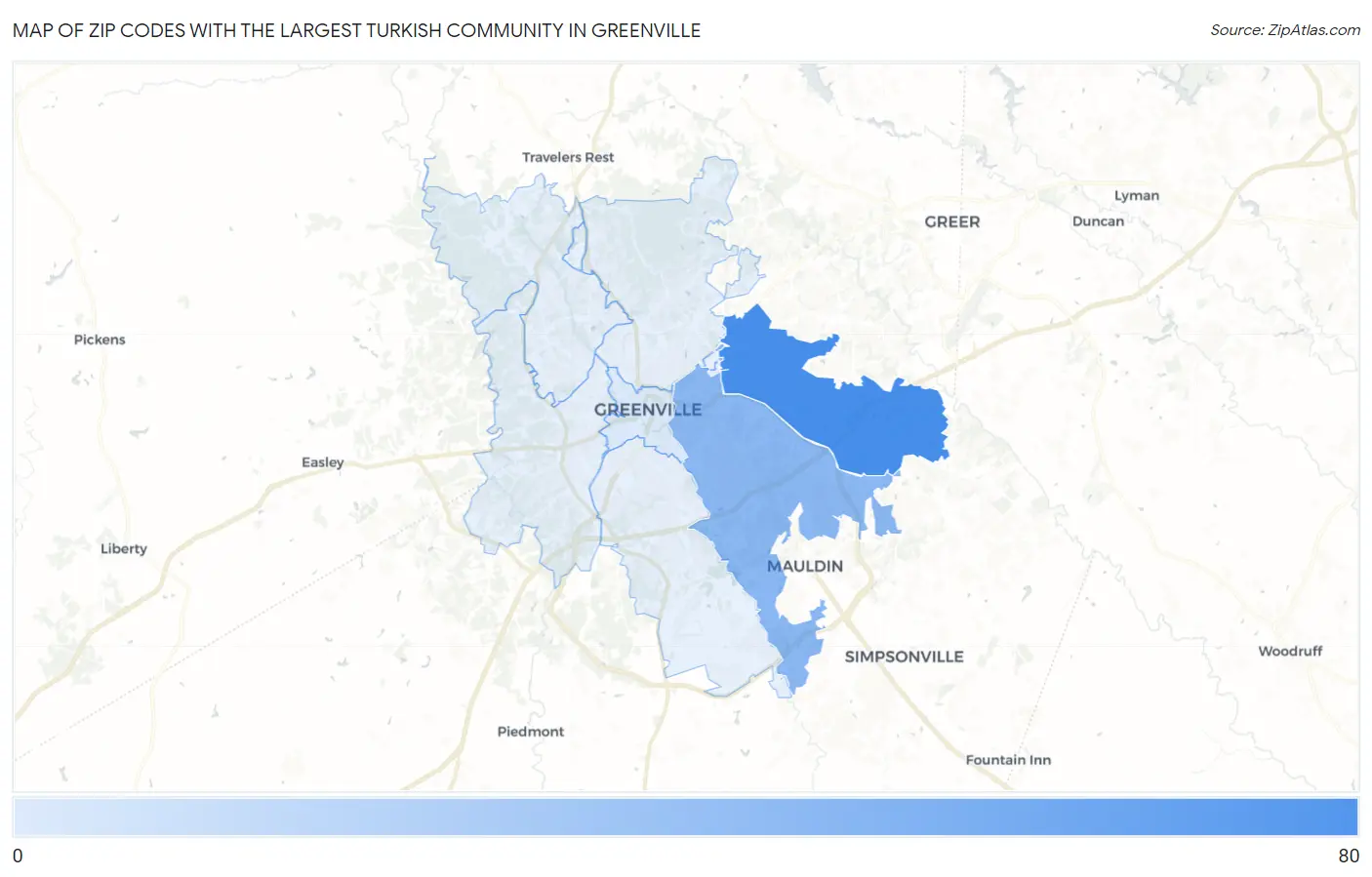 Zip Codes with the Largest Turkish Community in Greenville Map