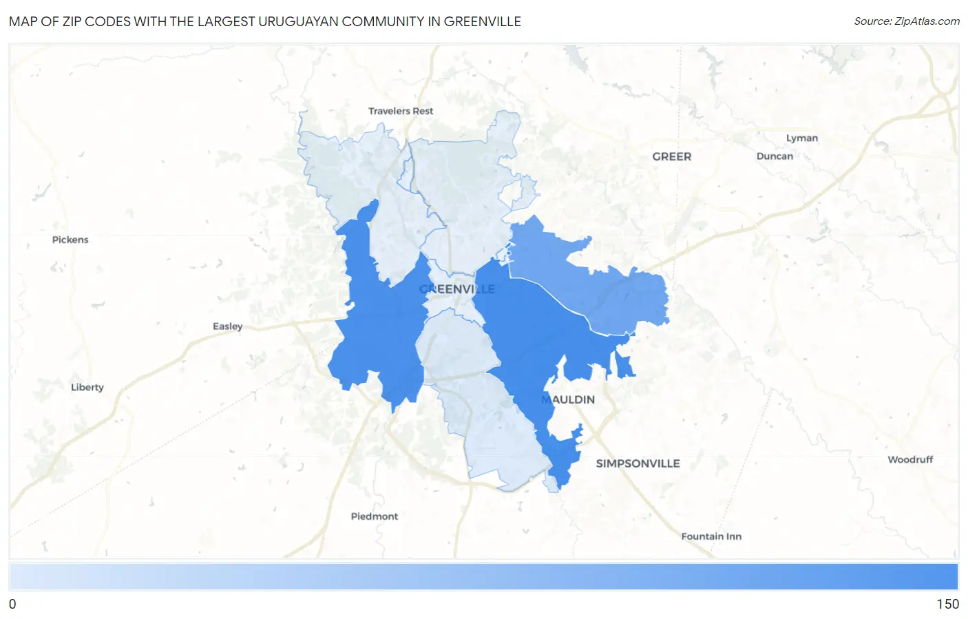 Zip Codes with the Largest Uruguayan Community in Greenville Map